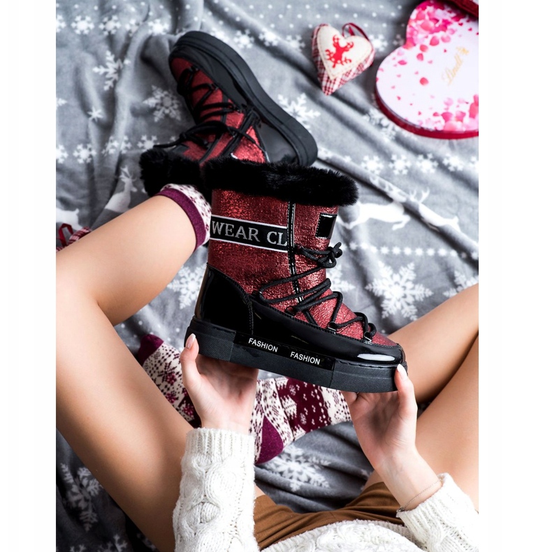 SHELOVET Bottes de neige brillantes à la mode noir rouge 1