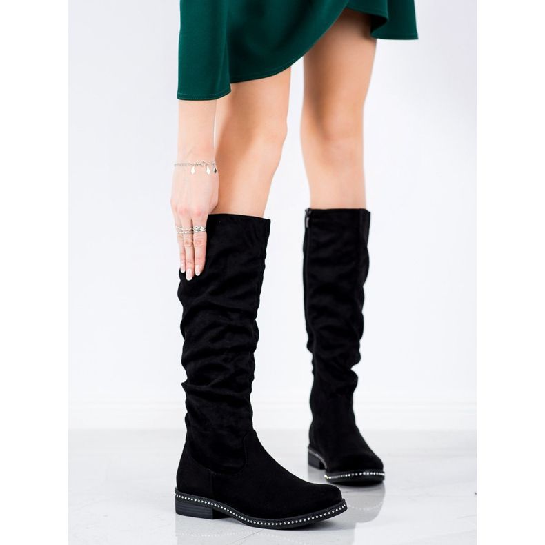 SHELOVET Bottes en daim avec zircon cubique noir 2