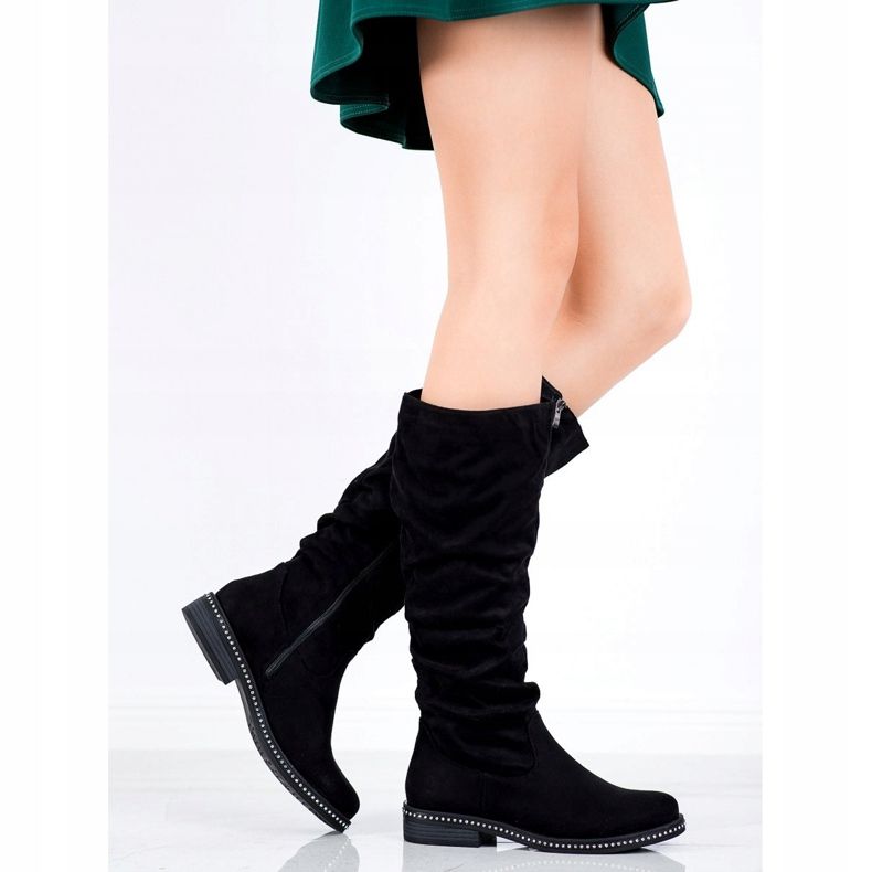 SHELOVET Bottes en daim avec zircon cubique le noir 1