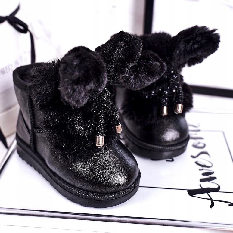 Bottes de neige pour enfants avec fourrure avec oreilles lapin noir 3