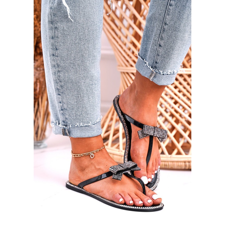 LU BOO Pantoufles En Caoutchouc Pour Femmes Tongs Noires Deross Strass le noir 1