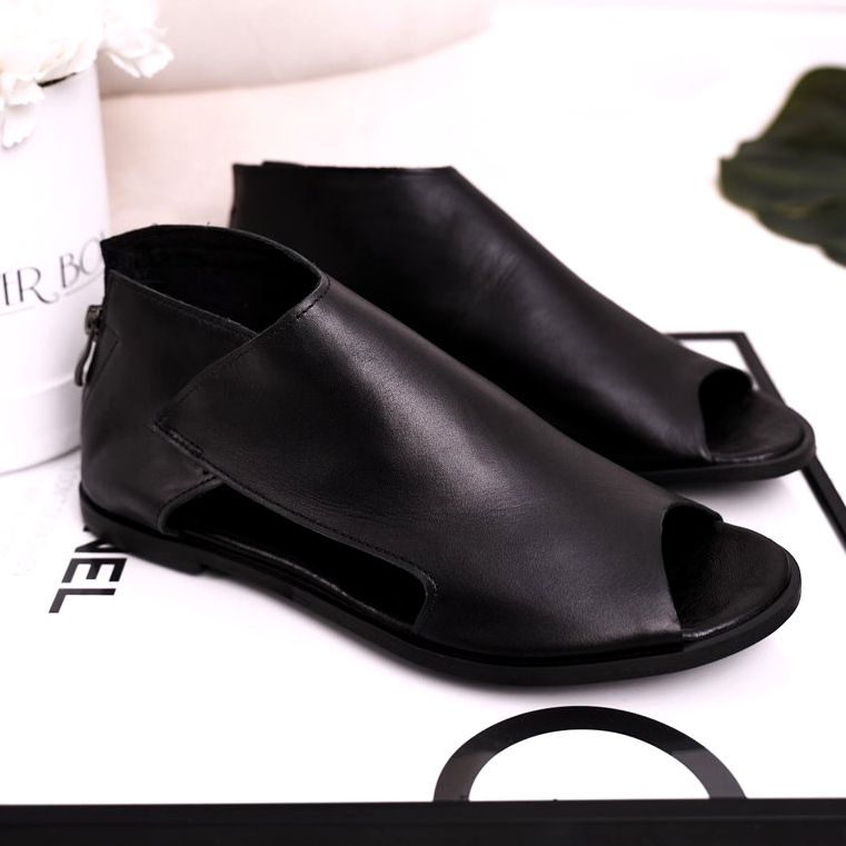 Nicole Sandales Plates En Cuir Femme Noir Natalie 1