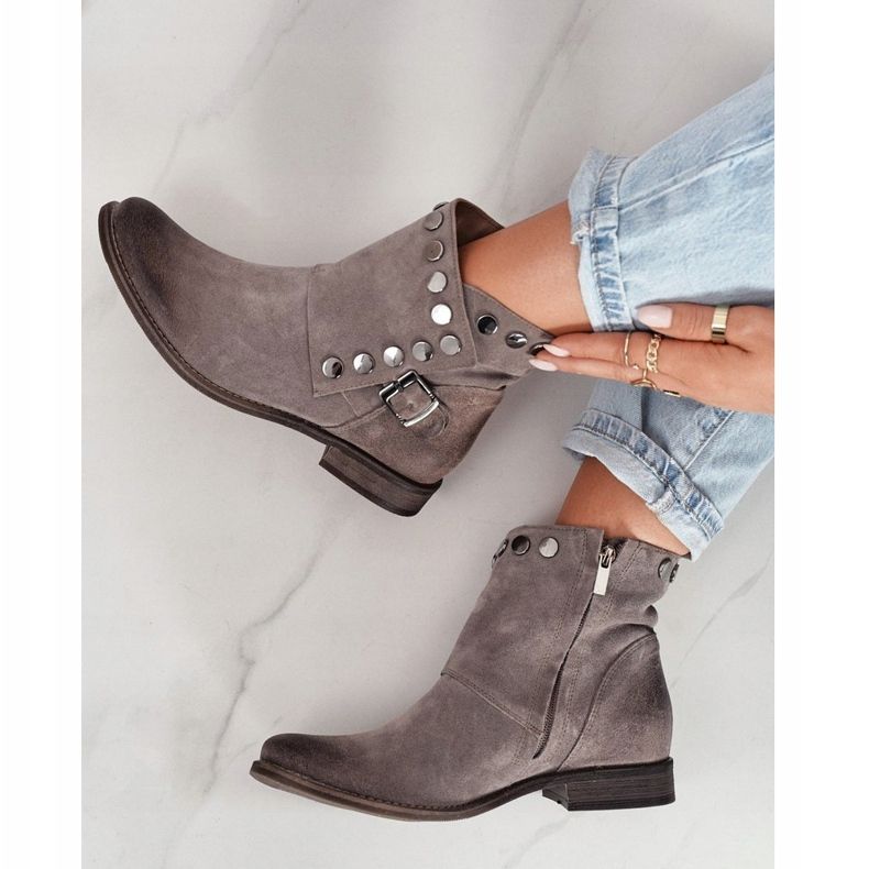 Bottes en daim pour femmes avec une boucle Exquisite 1198 Cappuccino brun 1