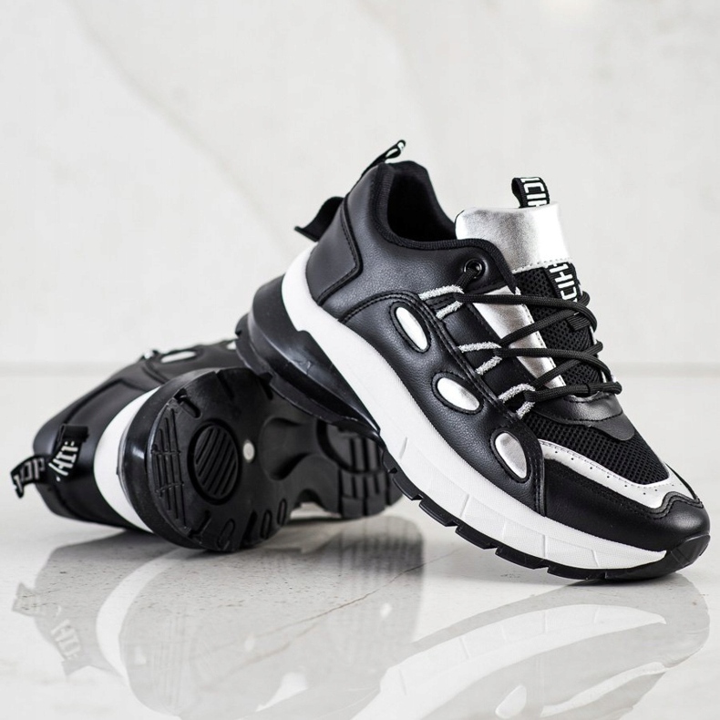 SHELOVET Baskets élégantes en cuir écologique noir argent 2