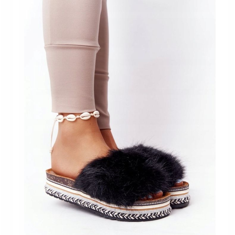 PS1 Pantoufles Adventure Platform noires avec fourrure multicolore 1