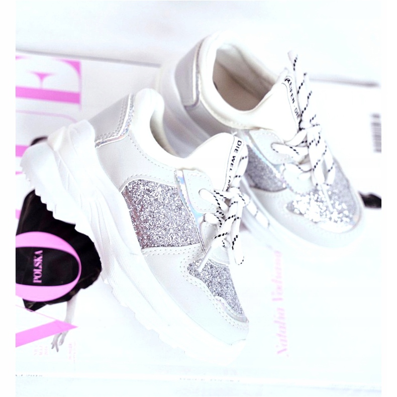 FRROCK Chaussures de sport pour enfants avec brocart argent Matylda blanc gris 2