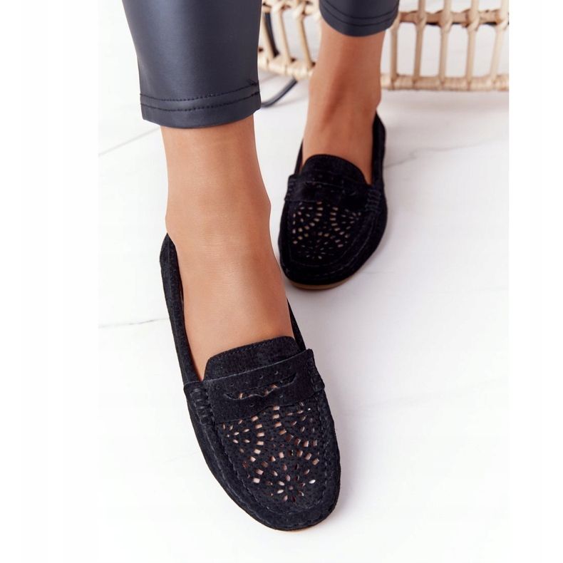 S.Barski Mocassins ajourés en daim pour femmes de S. Bararski Black le noir 1