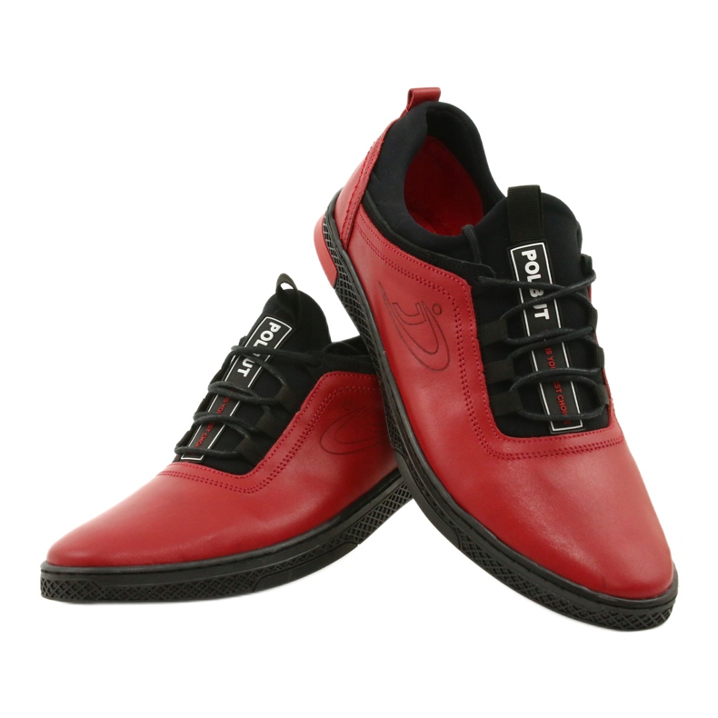 Polbut Chaussures casual en cuir pour hommes rouges K24 avec dessous noir 2