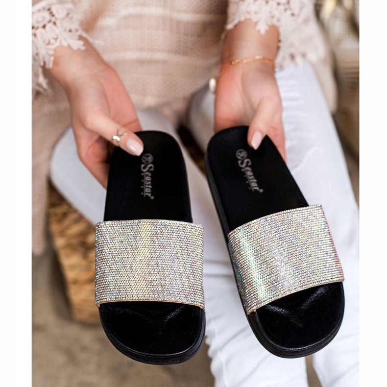 Seastar Pantoufles Avec Cristaux noir argent 1