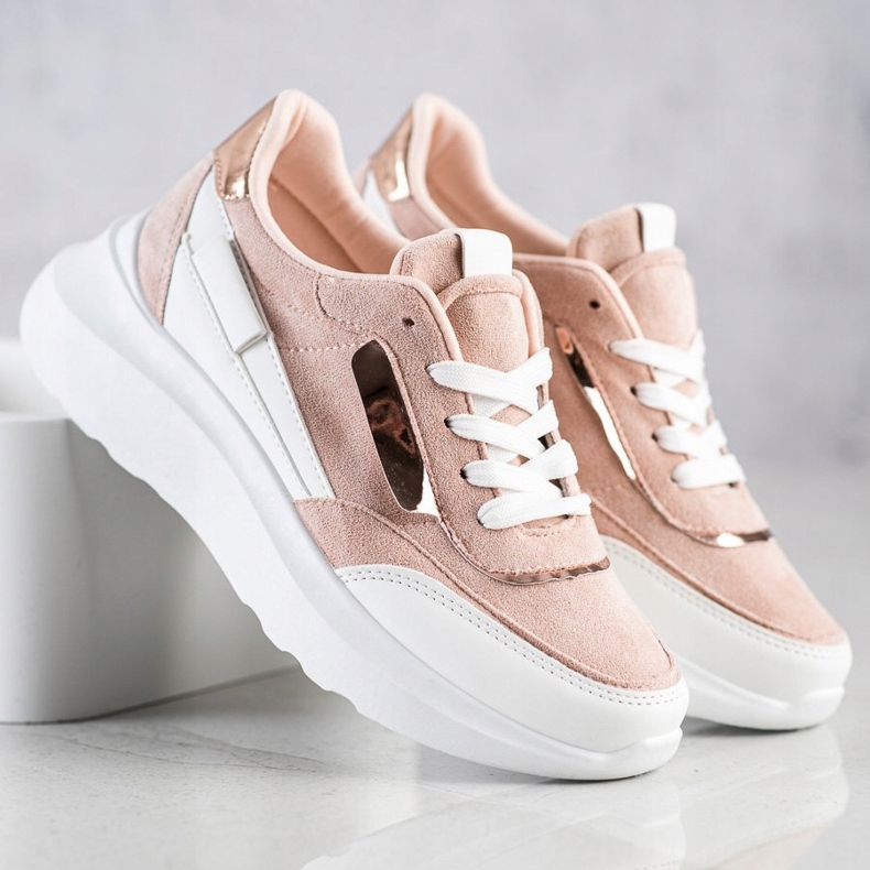 SHELOVET Baskets en daim élégantes blanche rose 2
