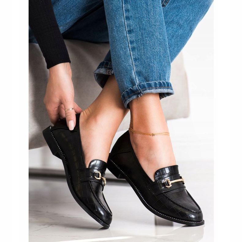 SHELOVET Mocassins élégants avec zircone cubique noir 1