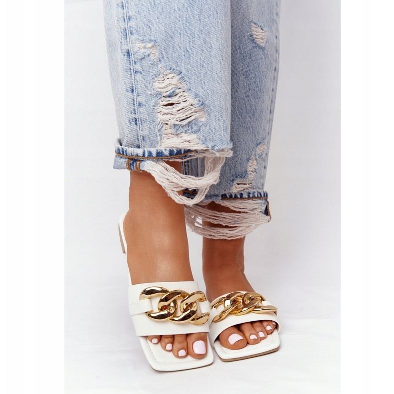 Chaussons En Cuir Avec Chaîne White French Kiss blanche d'or 2