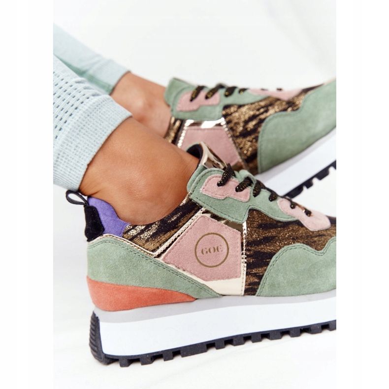 Chaussures de sport en daim sur la plate-forme GOE HH2N4002 vert-or beige brun rose doré 1