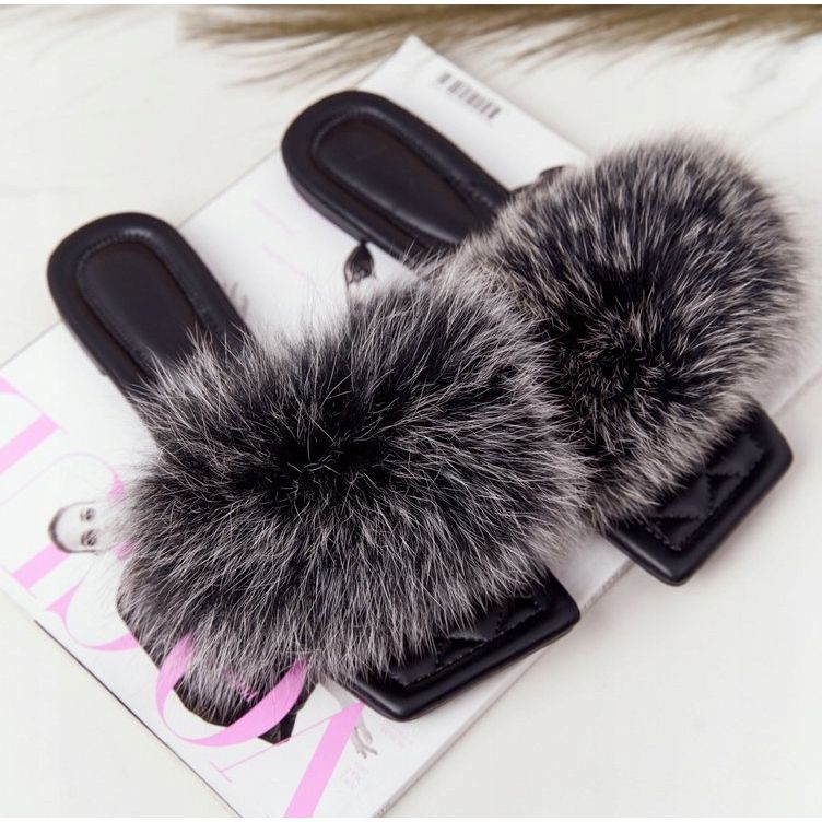 Chaussons En Cuir Avec Fourrure Noir Et Blanc Love You So 2