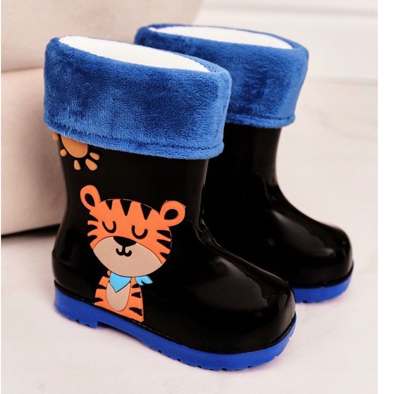 Bottes de pluie chaudes noires pour enfants avec un tigre le noir 2 Bottes de pluie chaudes noires pour enfants avec un tigre le noir 2