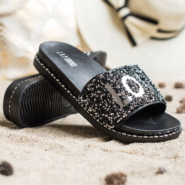 SHELOVET Love pantoufles à plateforme noir argent 1