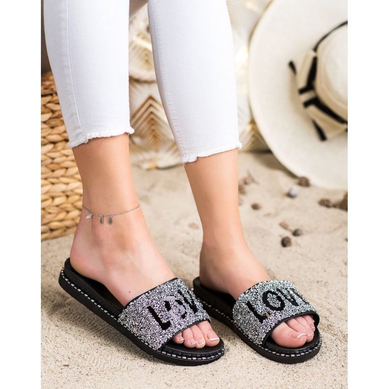 SHELOVET Love pantoufles à plateforme le noir argent 1