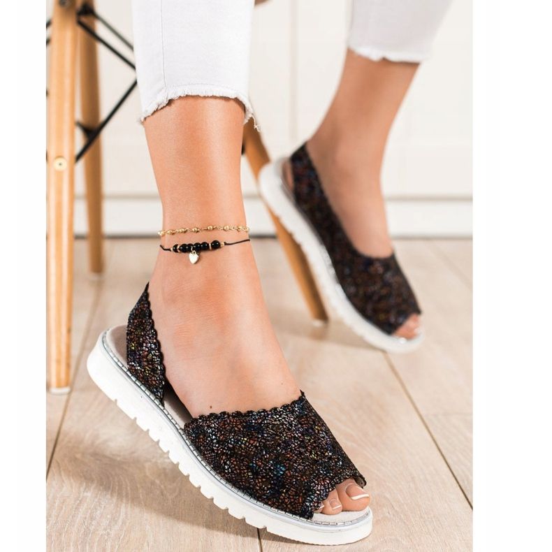 SHELOVET Sandales en cuir confortables noir multicolore 1