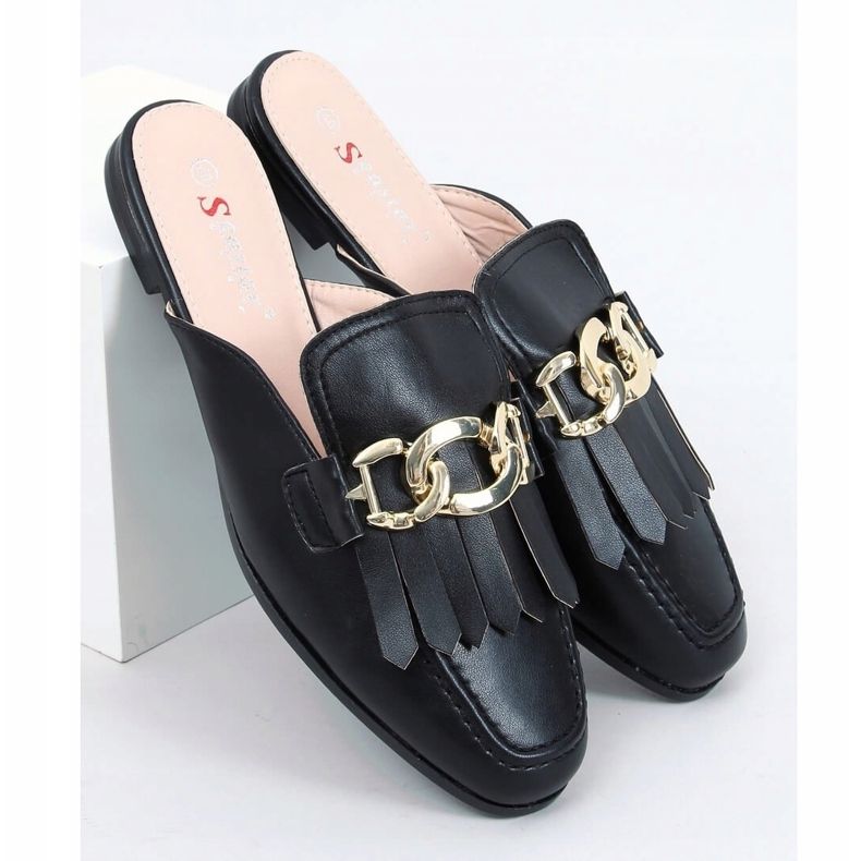 Noir T501 Chaussons mocassins noirs avec chaîne 1