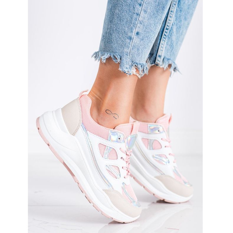 SHELOVET Baskets élégantes beige blanche rose argent 1