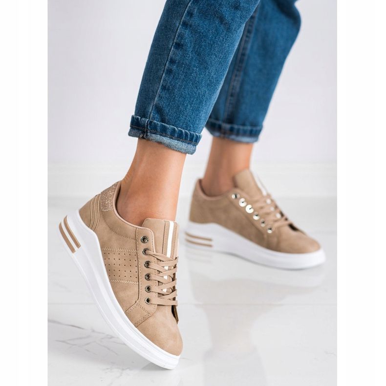 SHELOVET Baskets en cuir écologique beige doré 1