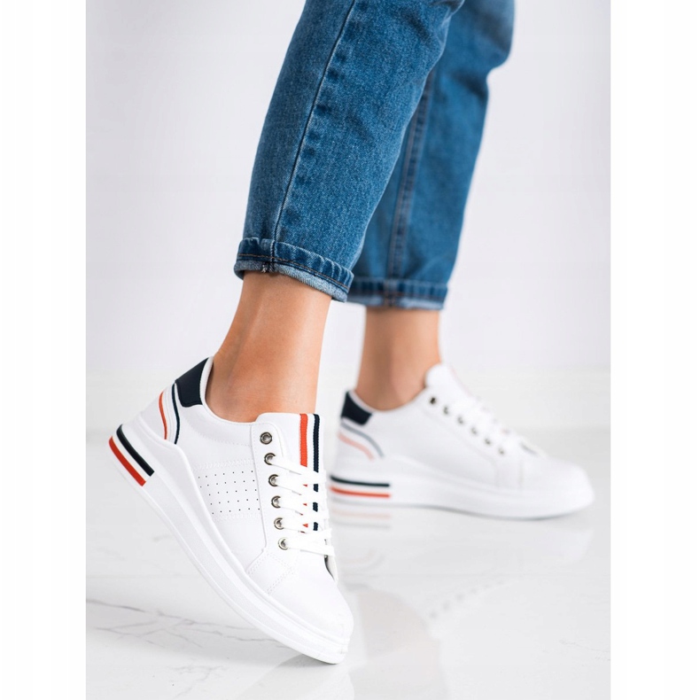 SHELOVET Baskets en cuir écologique blanche rouge bleu marin 1