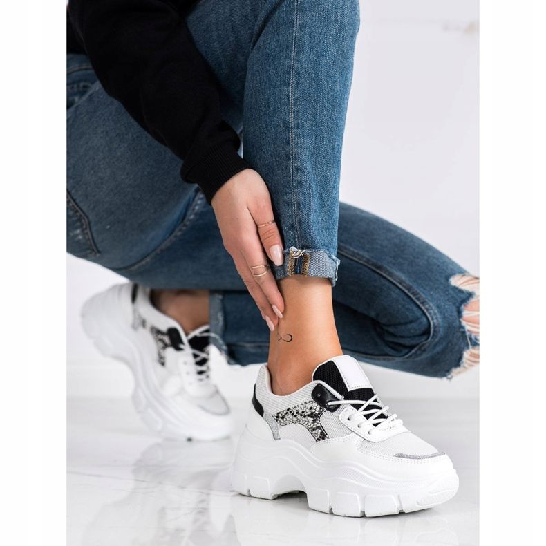 SHELOVET Baskets élégantes à paillettes blanc noir argent 2