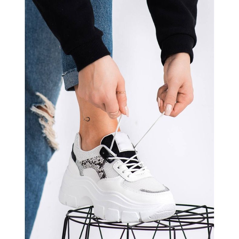 SHELOVET Baskets élégantes à paillettes blanc noir argent 1