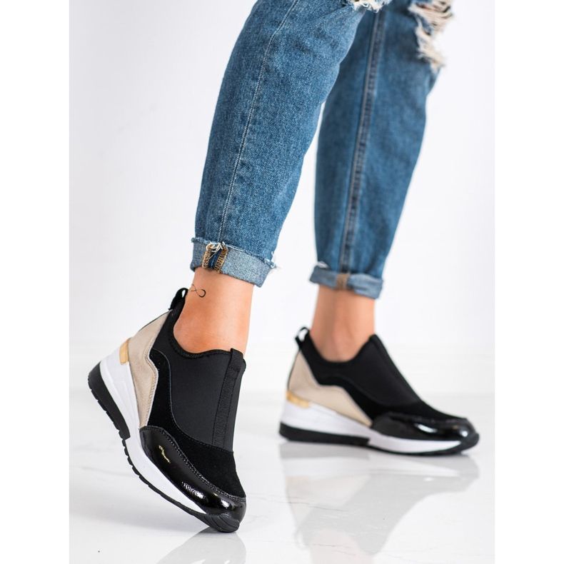 Goodin Baskets compensées en cuir noir doré 2