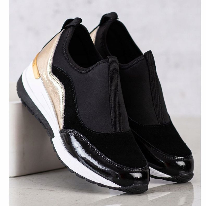 Goodin Baskets compensées en cuir noir doré 1