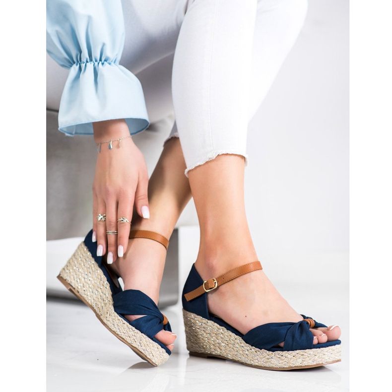 Goodin Sandales compensées en textile bleu marine 1