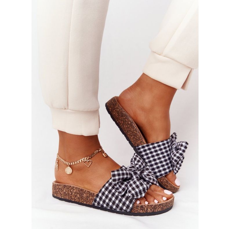 MSMG Chaussons sur semelle en liège avec nœud à carreaux Amara blanche le noir 2 MSMG Chaussons sur semelle en liège avec nœud à carreaux Amara blanche le noir 2