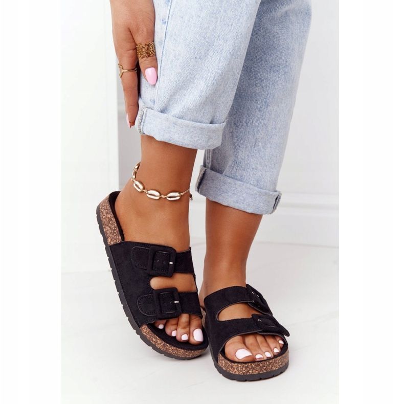 MSMG Pantoufles Jennifer en daim noires sur semelle en liège 2