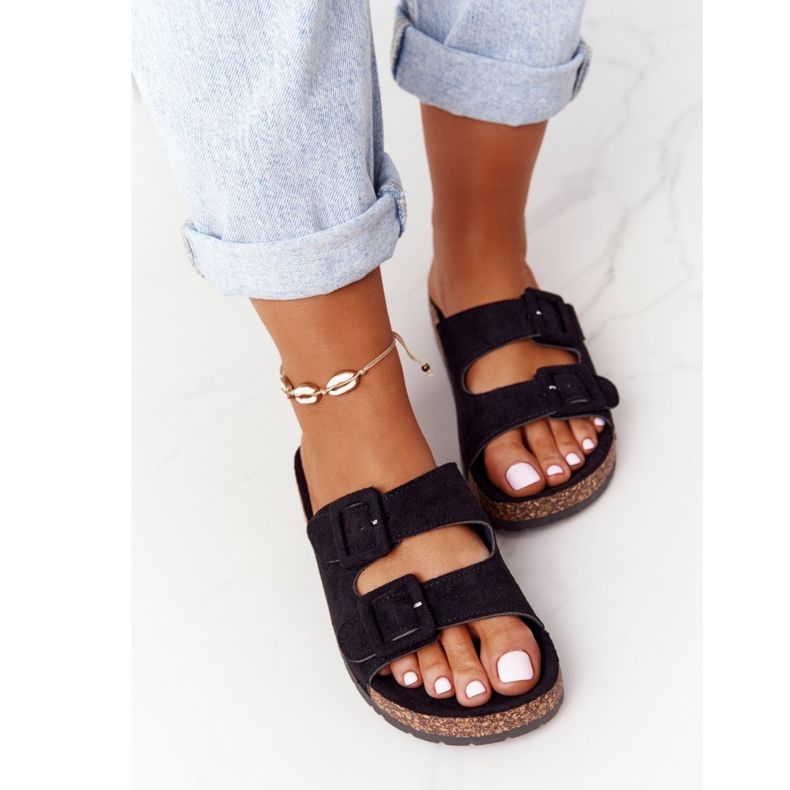 MSMG Pantoufles Jennifer en daim noires sur semelle en liège 1