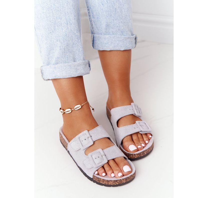 MSMG Pantoufles Jennifer Gris En Daim Sur Semelle En Liège 1