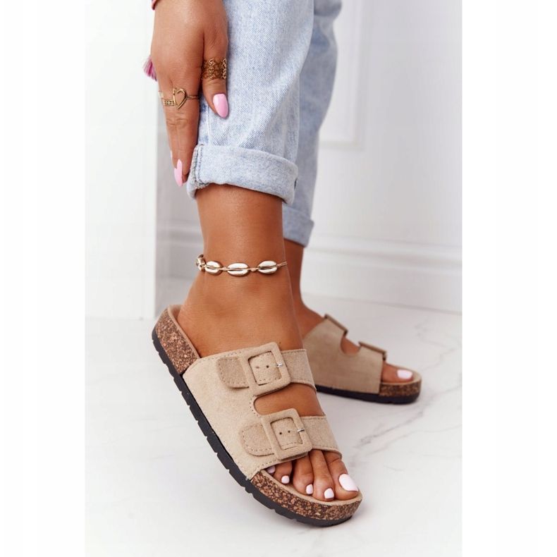 MSMG Pantoufles Jennifer Beige En Daim Sur Semelle En Liège 1