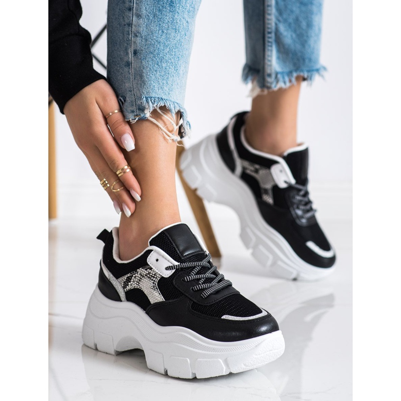 SHELOVET Baskets élégantes à paillettes noir 2