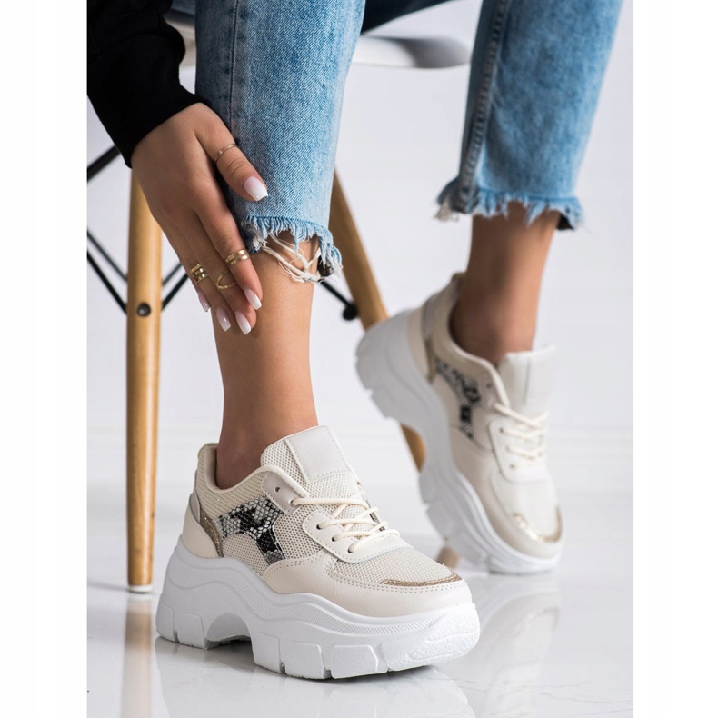 SHELOVET Baskets élégantes à paillettes beige 1