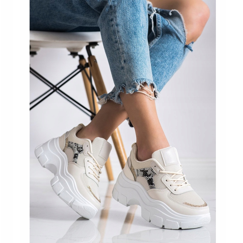 SHELOVET Baskets élégantes à paillettes beige 2