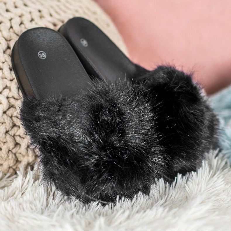 SHELOVET Pantoufles De Fourrure Confortables le noir 1
