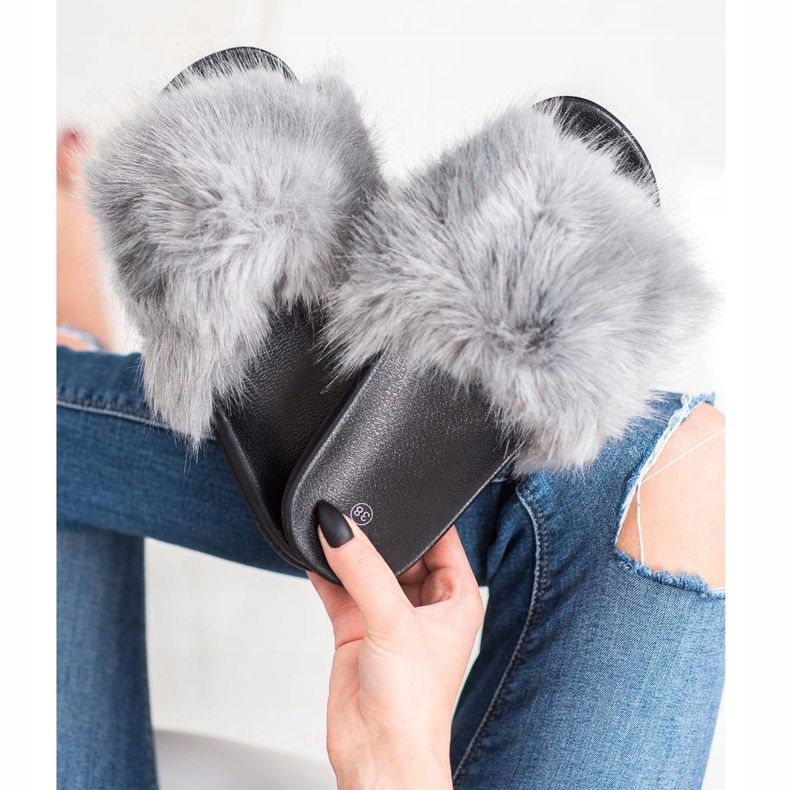 SHELOVET Pantoufles De Fourrure Confortables gris 2