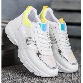 SHELOVET Baskets en cuir écologique à la mode blanche argent jaune 4