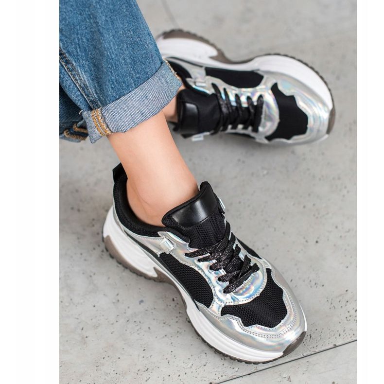 SHELOVET Baskets mode à effet holo noir argent 1