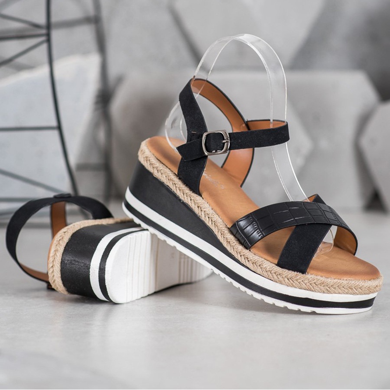 Weide Compensées noires avec cuir écologique le noir 1