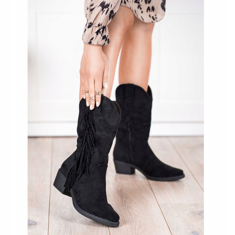 Diamantique Bottes de cowboy à franges noir 1