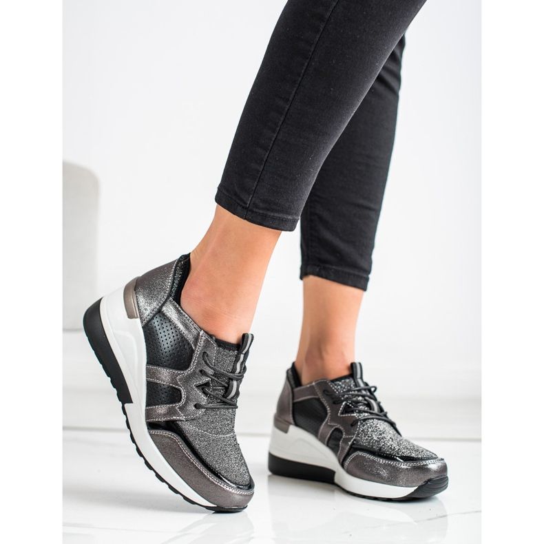 Baskets en cuir brillant VINCEZA noir argent 1