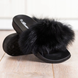 Bona Tongs à la mode avec fourrure le noir 2