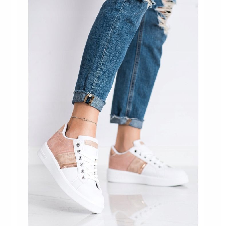 SHELOVET Chaussures de sport avec empiècement en daim blanc rose 1