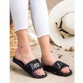 SHELOVET Belles pantoufles avec des cristaux noir 2