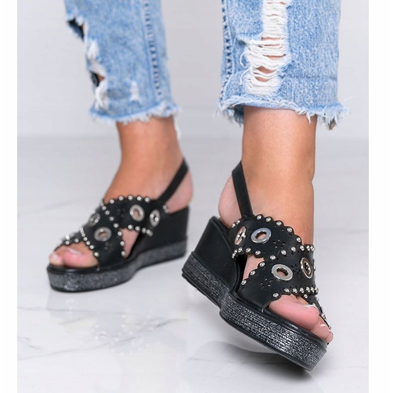 Sandales compensées noires métallisées Mon 1